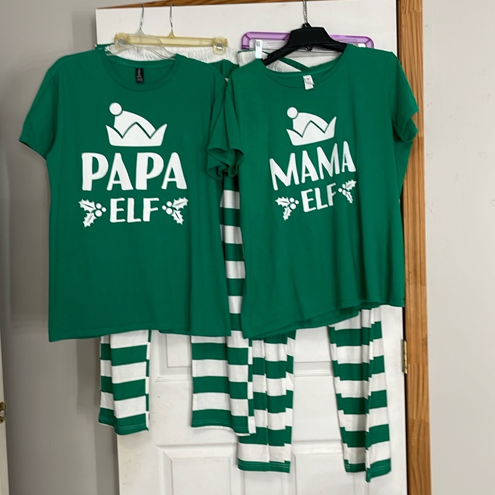 Christmas Pajamas His & Hers Papa Mama Elf large & 2xl EUC Matching Family